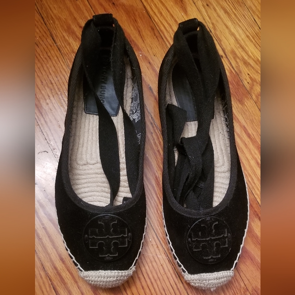 Tory Burch Black Espadrille Flats with Logo Detail